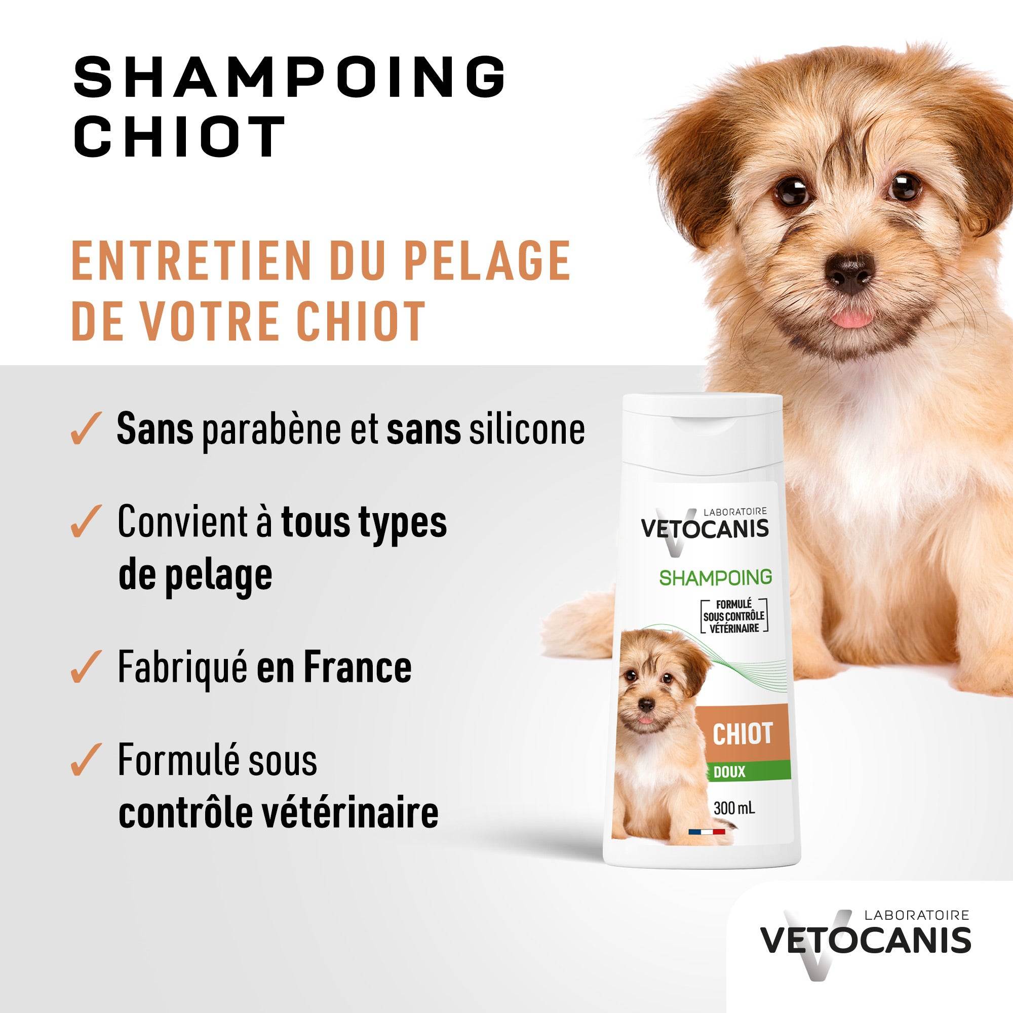 Entretien du pelage du chiot shampoing Vetocanis