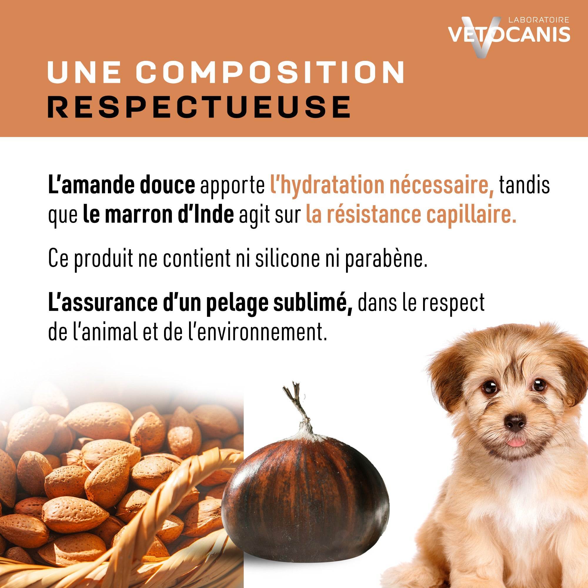 Composition respectueuse shampoing doux pour chiot à l'amande douce et marron d'Inde