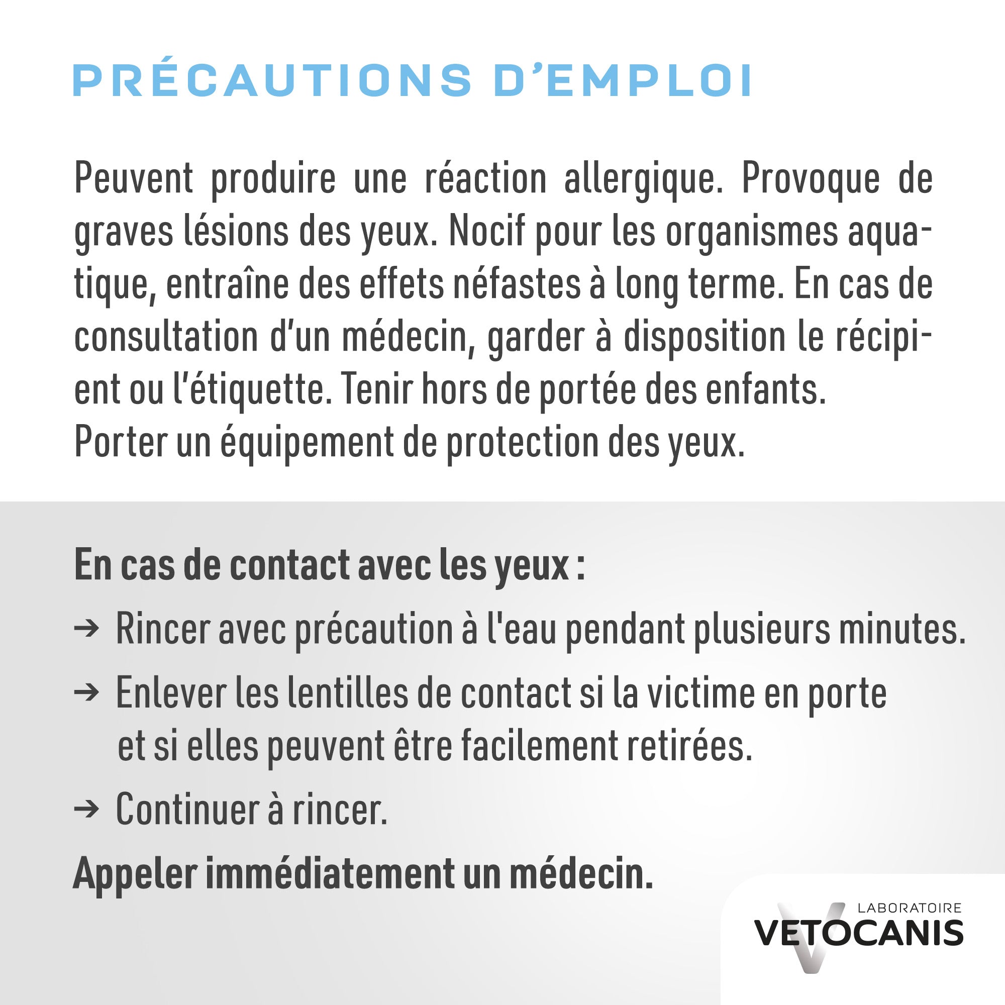 Précautions d'emploi du shampoing doux poils blancs pour chien Vetocanis