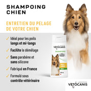 Entretien du pelage du chien avec le shampoing doux poils longs pour chien Vetocanis 