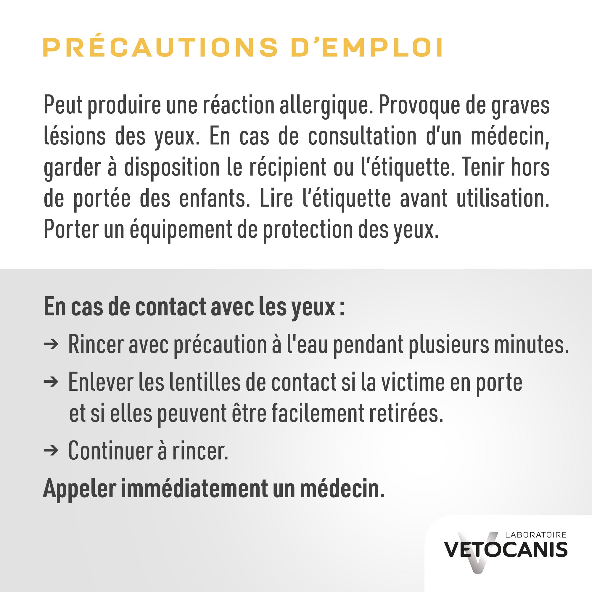 Précautions d'emploi du shampoing doux pour chien aux poils courts Vetocanis