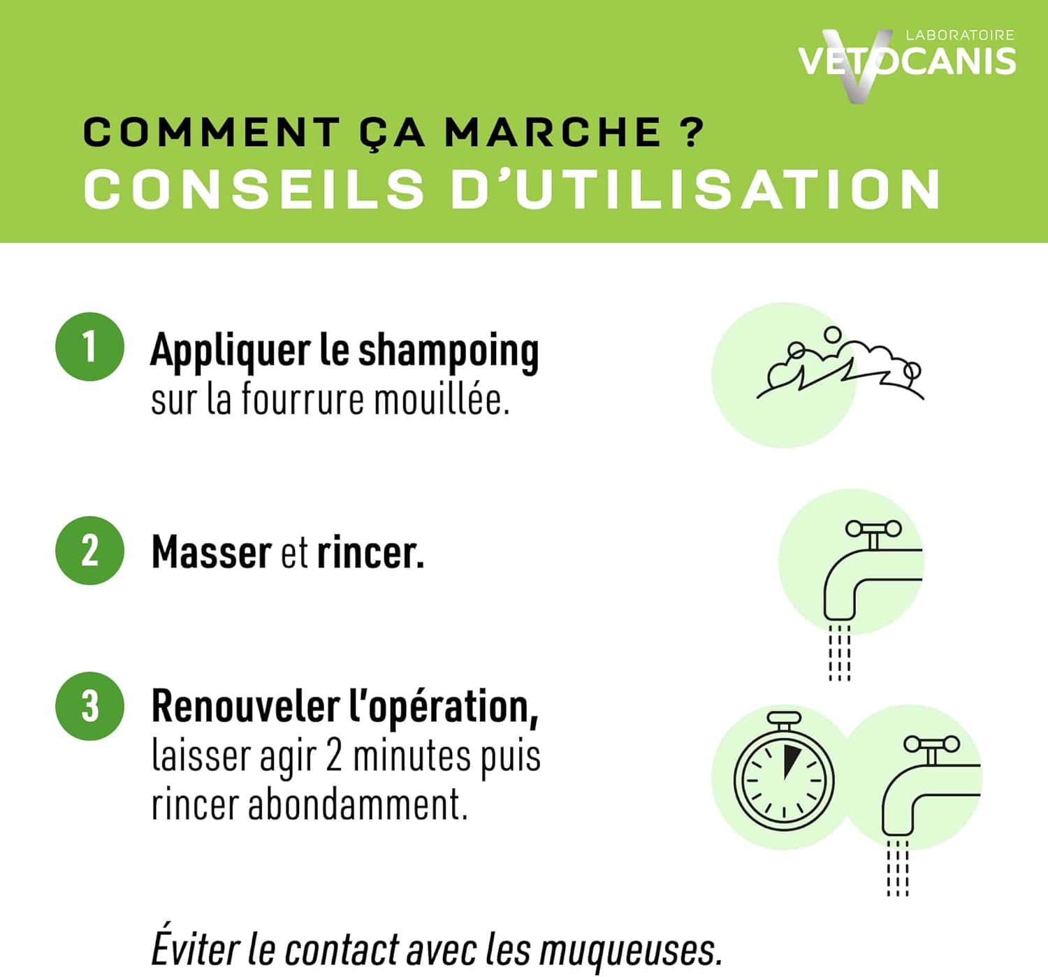 Conseil d'utilisation du shampoing doux usage fréquent pour chien Vetocanis