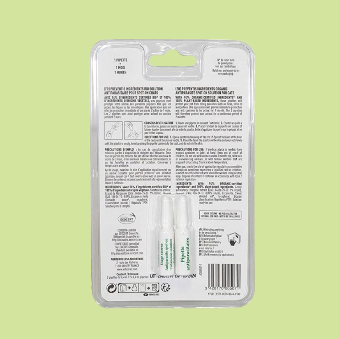Pipettes Répulsives Anti-Puces et Anti-Tiques BIO pour Chat X2 dos de pack