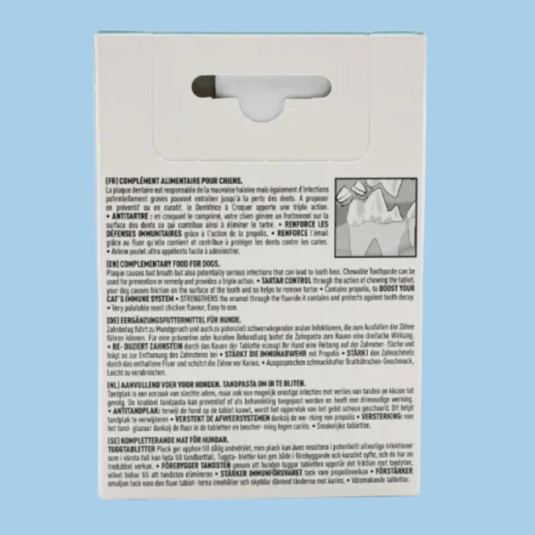 Dentifrice Anti-Tartre à croquer pour Chien - 30 Comprimés - vetocanis - dos boîte