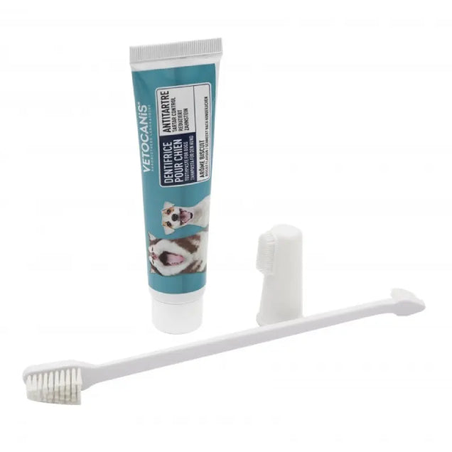 Kit Dentaire Triple Action pour Chien. Brosse à dent et Dentifrice - vetocanis